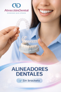Paciente mostrando alineadores dentales transparentes y modelo de sonrisa en clínica de ortodoncia en Lima