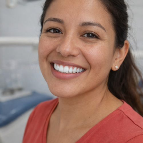 Paciente de Atracción dental sonriendo de perfil en sillón dental mostrando carillas dentales naturales en tono marfil en consultorio.